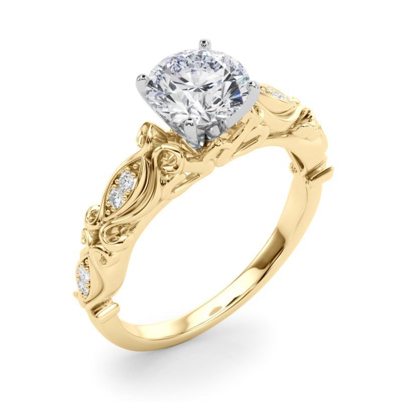 Women's GIA 1.2 Carat Round Vintage Scrolling Ribbon 18K Yellow Gold Diamond Ring For Sale