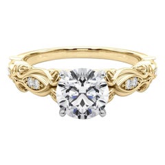 GIA 1.2 Carat Round Vintage Scrolling Ribbon 18K Yellow Gold Diamond Ring
