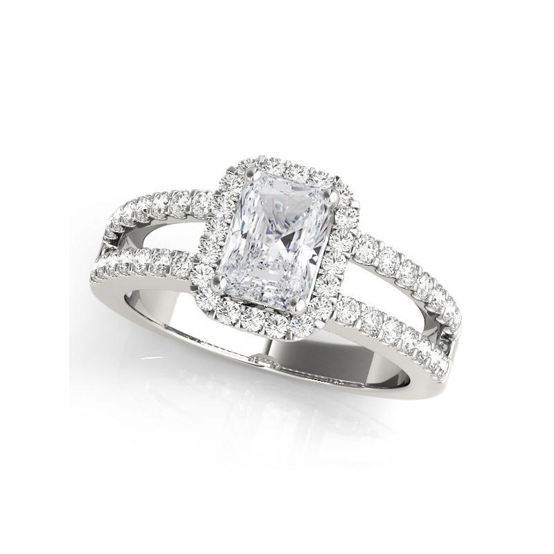 GIA 1,20 Karat Halo Radiant Filigran Split Shank 18K Weißgold Diamantring (Radiantschliff) im Angebot