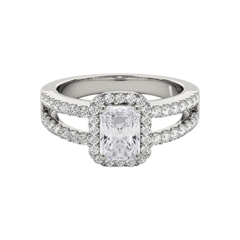 GIA 1,20 Karat Halo Radiant Filigran Split Shank 18K Weißgold Diamantring