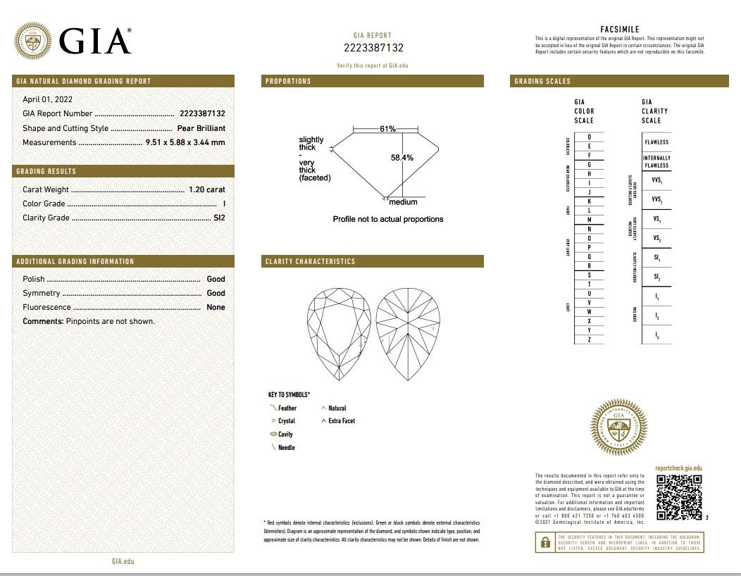 Bague en or 14 carats en forme de poire de 1,20 carat I/SI2 certifiée GIA avec halo Neuf - En vente à Los Angeles, CA