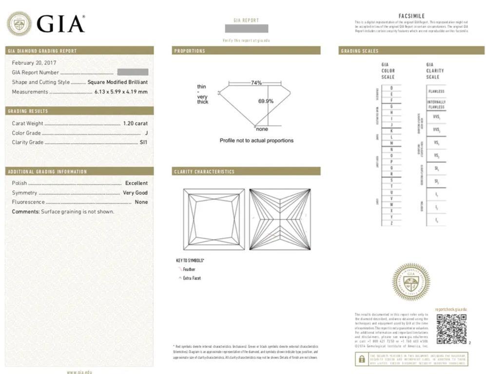 GIA certified 1.20 carat Princess Cut Diamond J color-SI1 clarity in 18k White Gold Diamond Ring

Diamond Solitaire Ring features a 1.20 carat Square Princess cut Diamond in the center with Round Diamond accents on the band, all set in 18k White