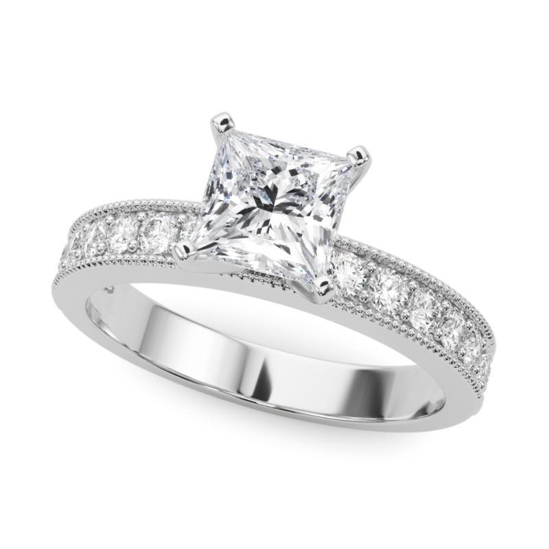 Taille princesse GIA 1.20 Carat Princesse Vintage Milgrain Channel Bague diamant en or blanc 18K en vente
