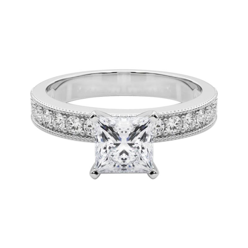 GIA 1.20 Carat Princesse Vintage Milgrain Channel Bague diamant en or blanc 18K