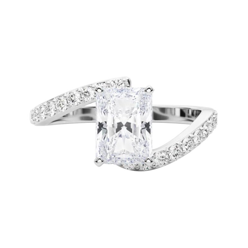 GIA 1.20 Carat Radiant Curved Bypass Pave Shank 18K White Gold Diamond Ring