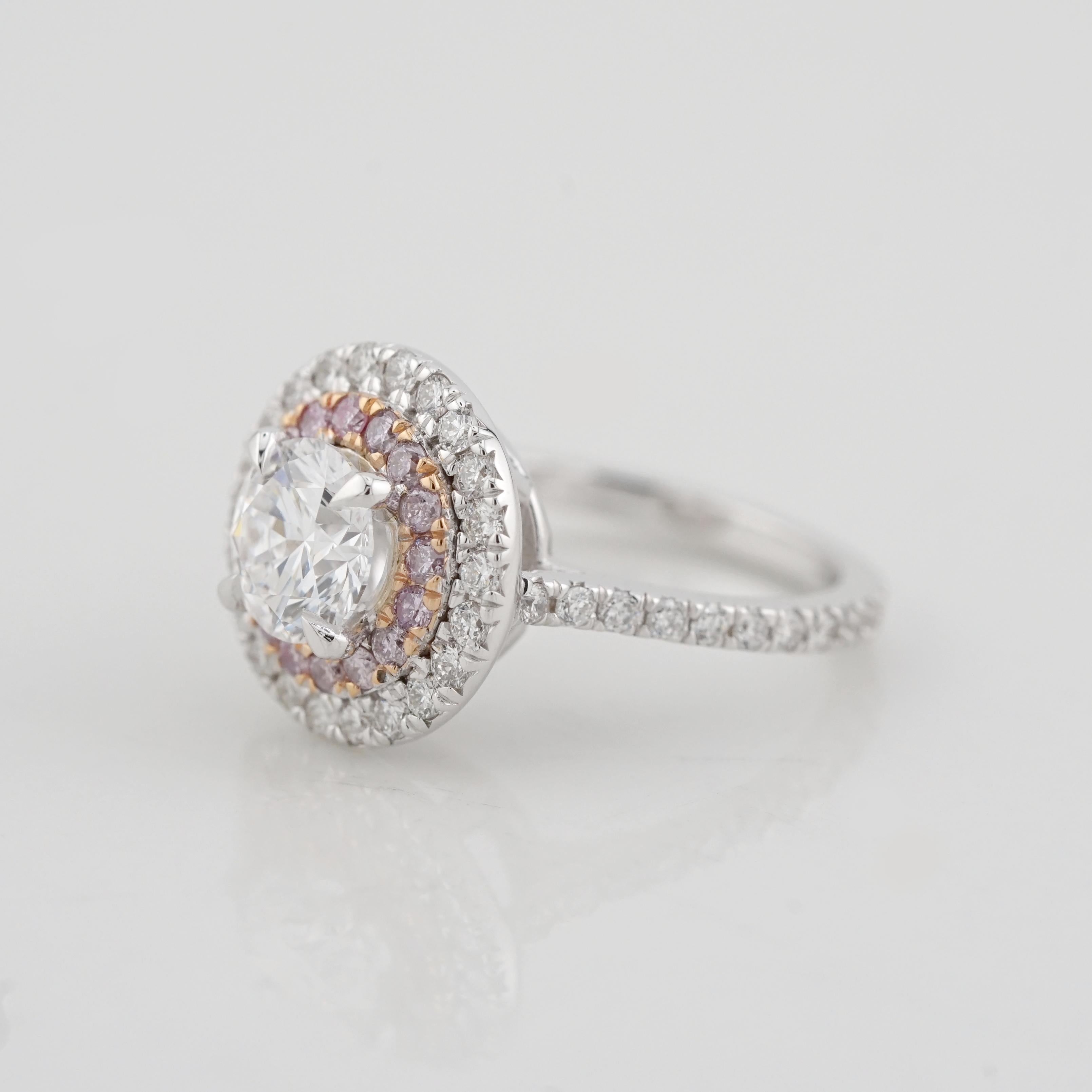 Round Cut GIA 1.20 Carat Round D VS1 Diamond Pink Halo 18K Gold Ring For Sale