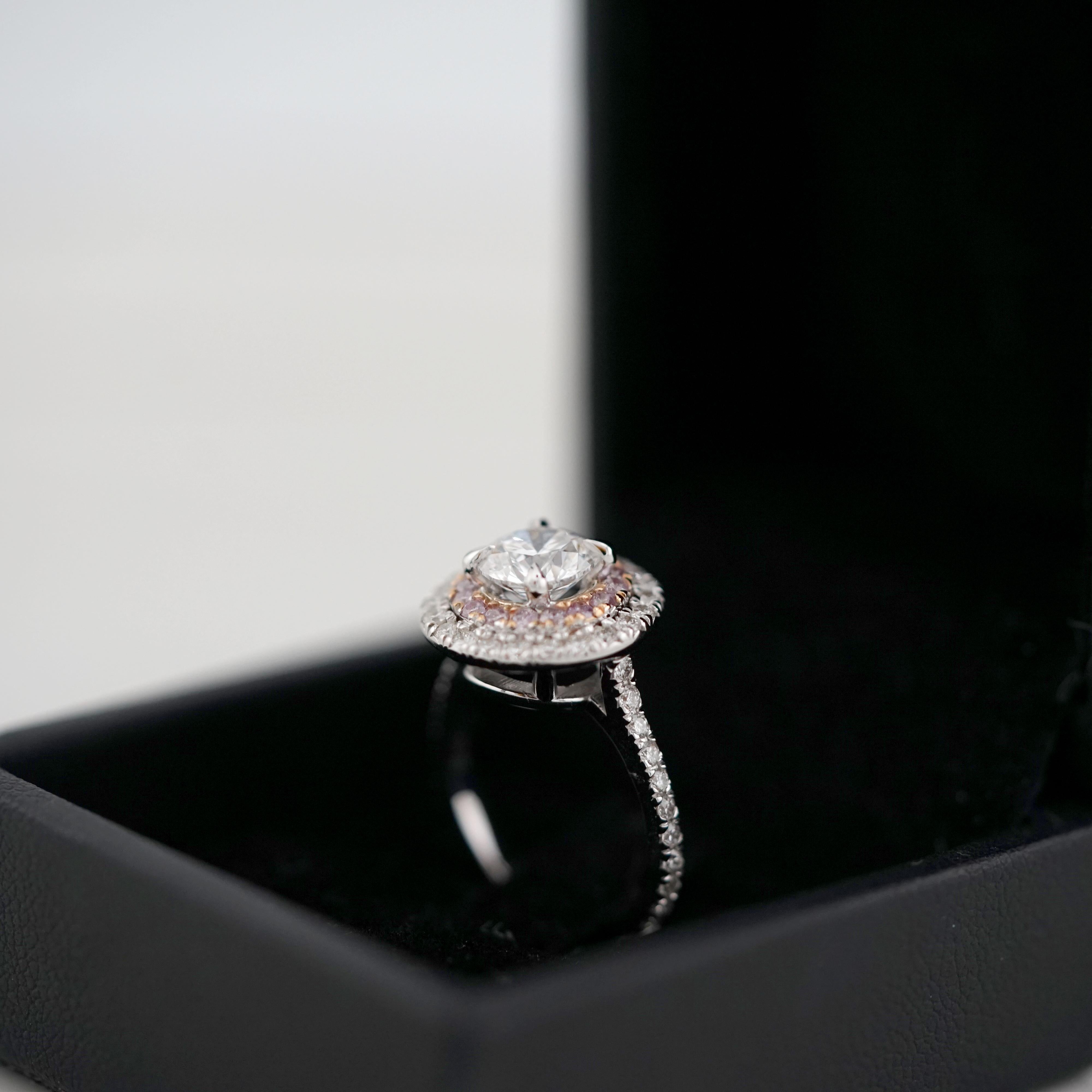 GIA 1.20 Carat Round D VS1 Diamond Pink Halo 18K Gold Ring In New Condition For Sale In Chicago, IL