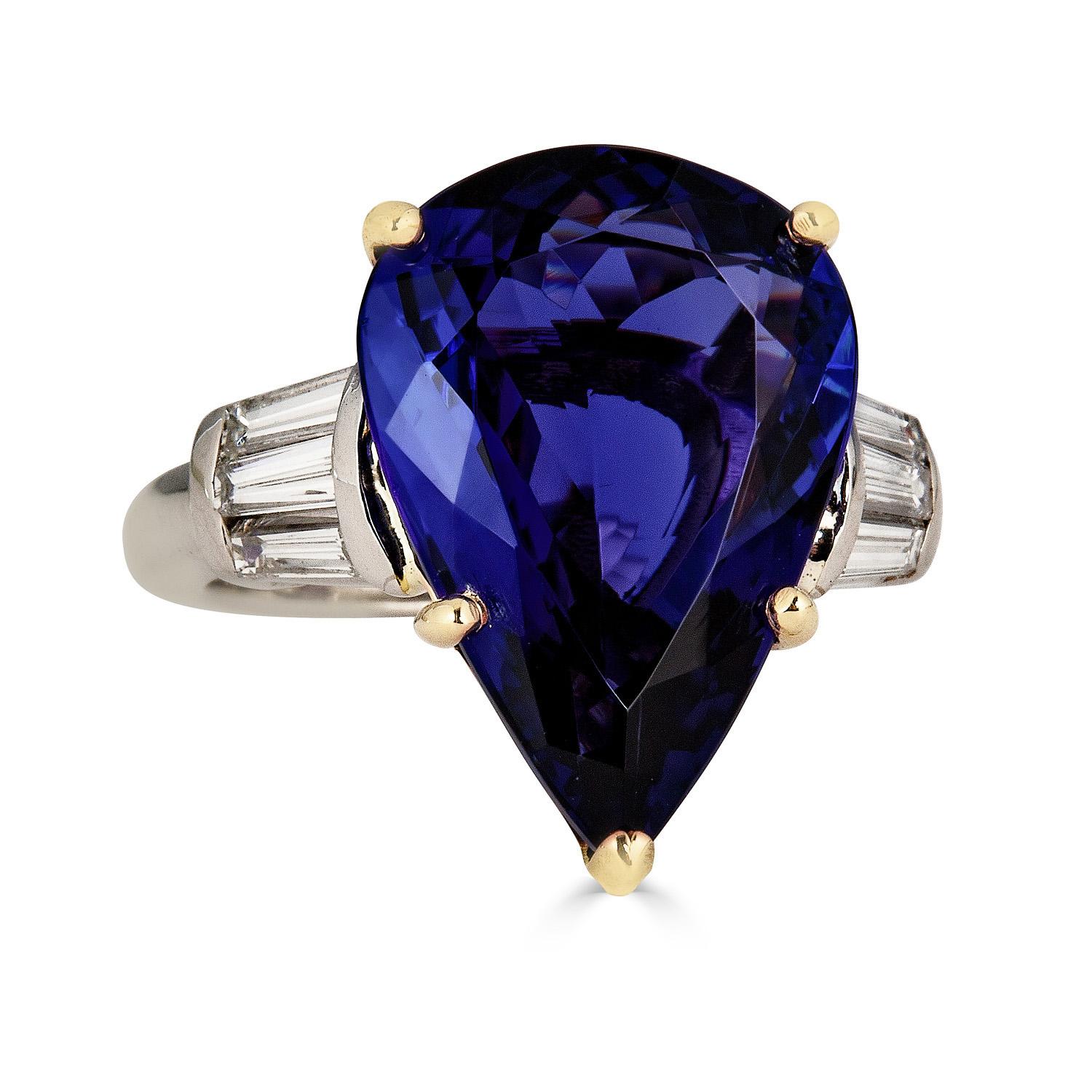 Pear Cut GIA 12.01 Carat Pear Tanzanite Deep AAA Blue Violet Diamond Platinum Ring