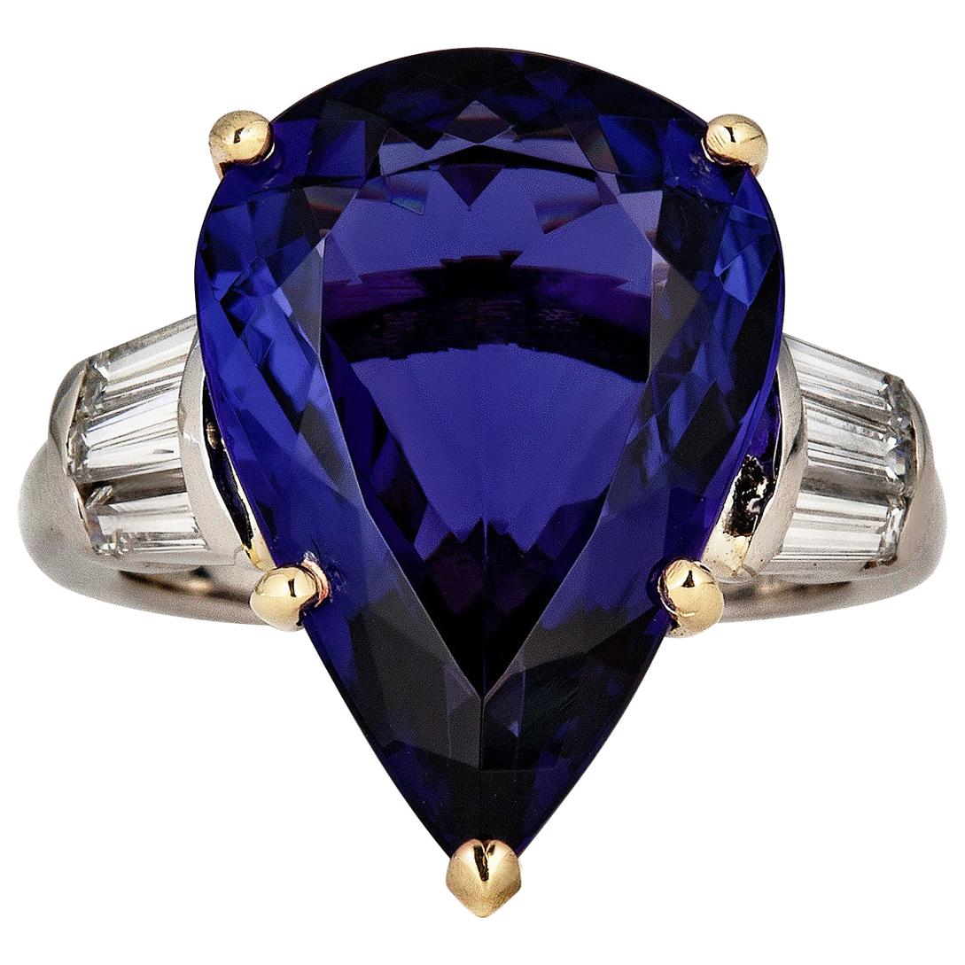 GIA 12.01 Carat Pear Tanzanite Deep AAA Blue Violet Diamond Platinum Ring