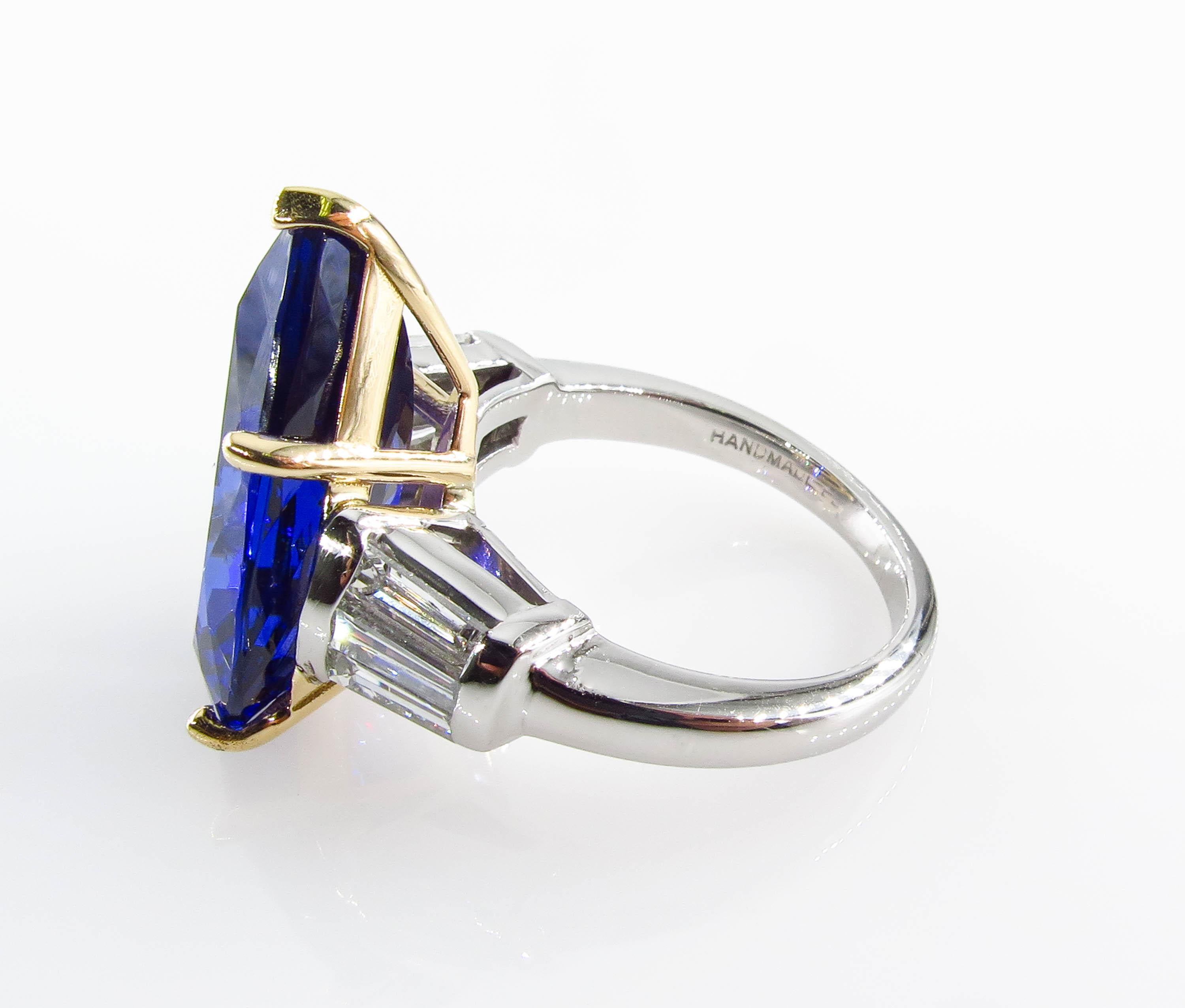 Women's GIA 12.01 Carat Pear Tanzanite Deep AAA Blue Violet Diamond Platinum Ring