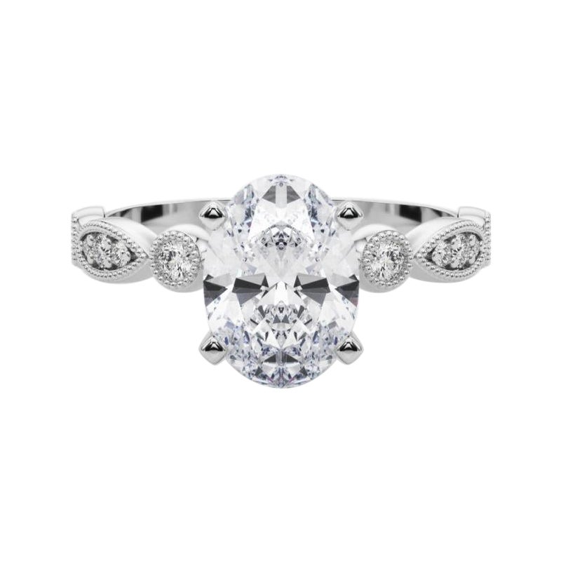 GIA 1.20ct Oval Marquise & Round Milgrain Bezel White Gold Diamond Ring