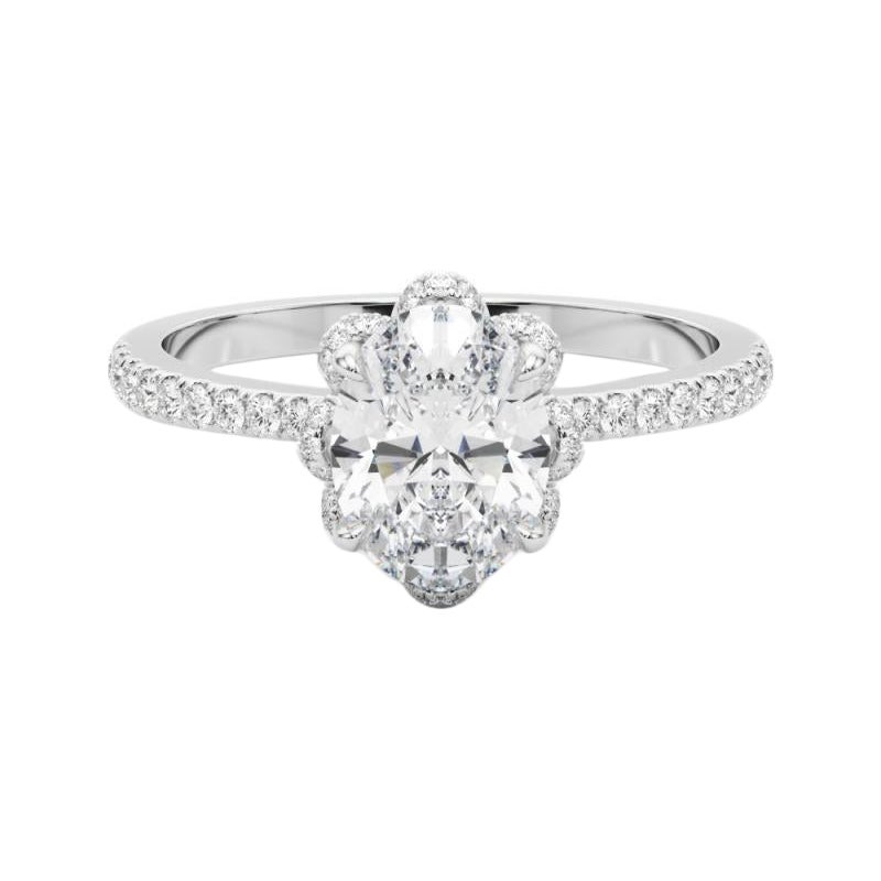 GIA 1.20ct Oval Multi-Petal Flower Bloom Vintage White Gold Diamond Ring