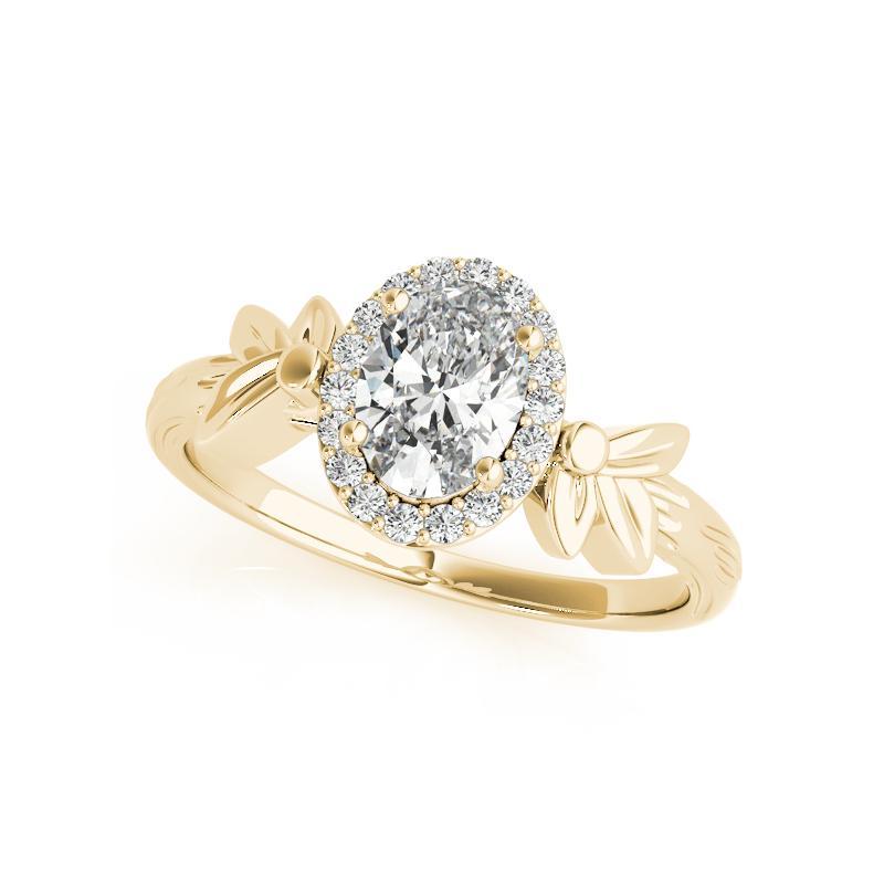 Taille ovale Bague en or jaune GIA 1,20ct solitaire ovale avec feuille de jardin taillée en diamant en vente