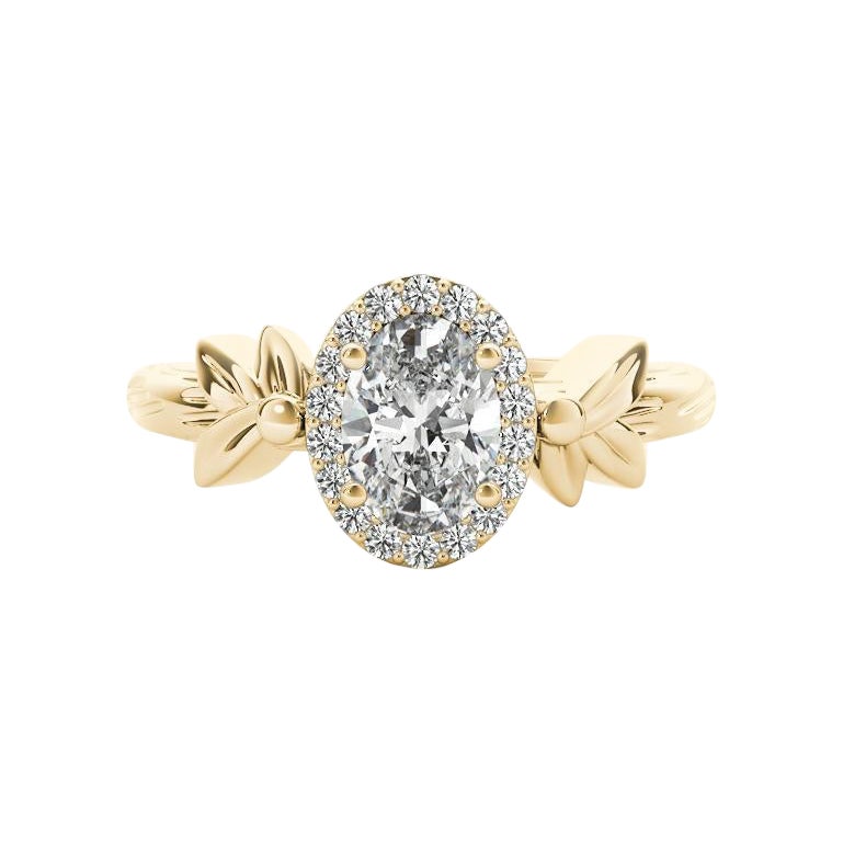 Bague en or jaune GIA 1,20ct solitaire ovale avec feuille de jardin taillée en diamant en vente