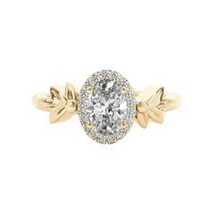 Bague en or jaune GIA 1,20ct solitaire ovale avec feuille de jardin taillée en diamant