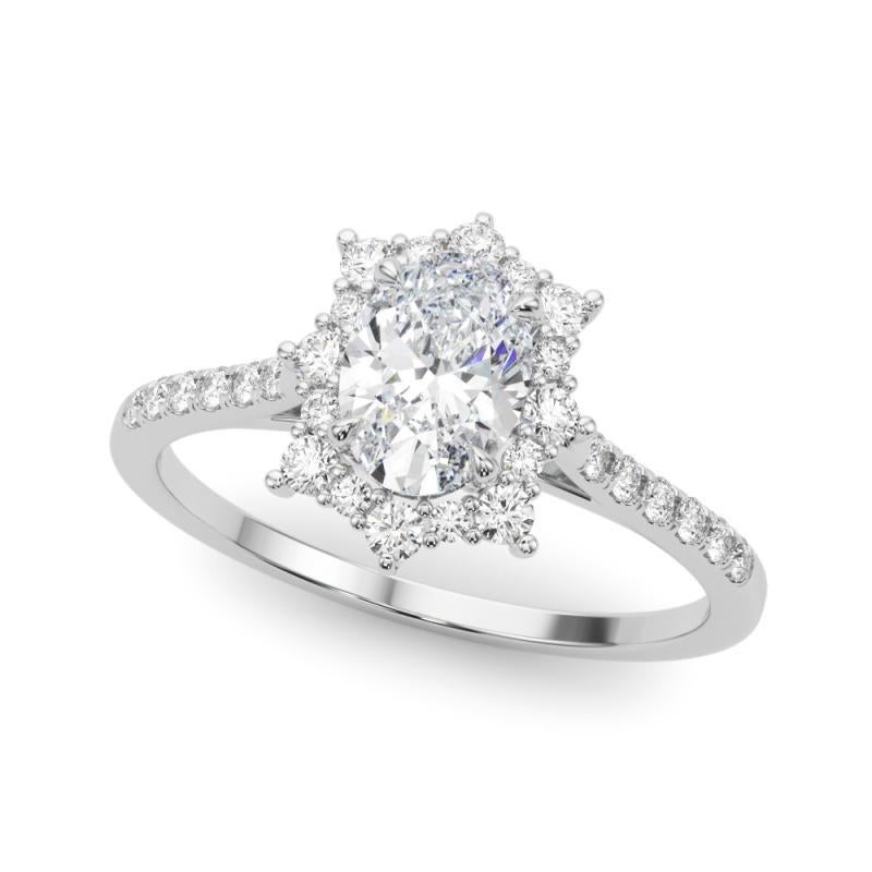 Taglio ovale GIA 1,20ct Anello ovale vintage con fiocco di neve e aureola in oro bianco in vendita