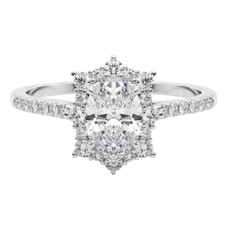 GIA 1,20ct Anello ovale vintage con fiocco di neve e aureola in oro bianco in vendita