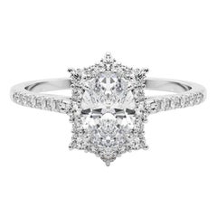 GIA 1,20ct Anello ovale vintage con fiocco di neve e aureola in oro bianco