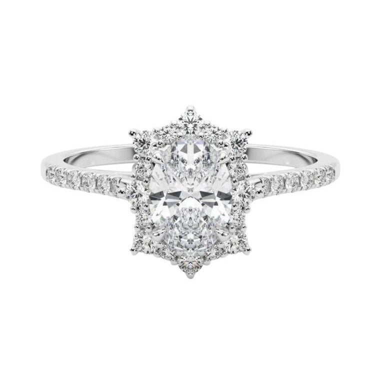 GIA 1.20ct Oval Vintage Cathedral Snowflake Halo White Gold Diamond Ring For Sale