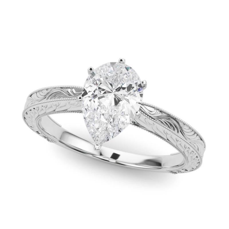Taille poire GIA 1.20ct Pear Classic Solitaire Antique Gravé Bague diamant en or blanc en vente