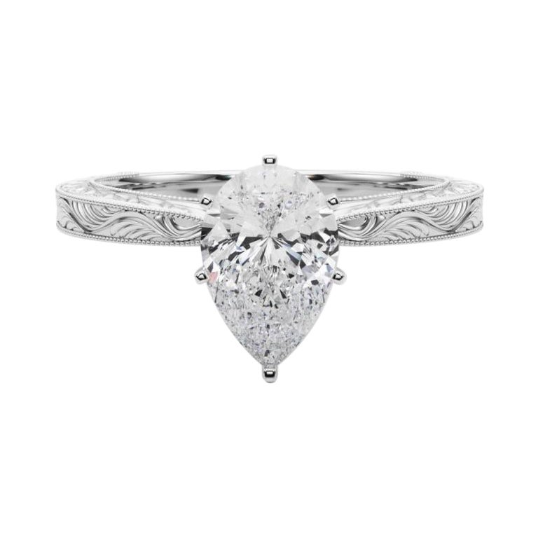 GIA 1.20ct Pear Classic Solitaire Antique Gravé Bague diamant en or blanc en vente