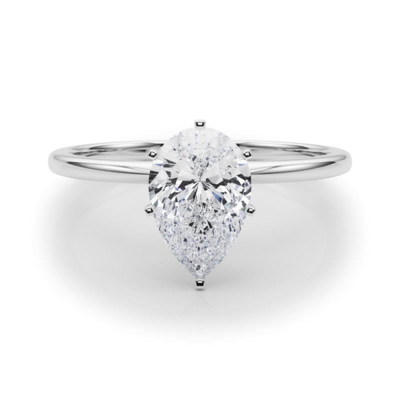 GIA Anillo de diamantes de oro blanco de 18 quilates con solitario engastado y banda delgada de pera de 1,20 quilates