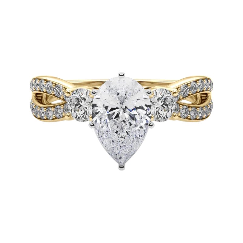 GIA 1,20 quilates Anillo de diamantes de oro amarillo de 18 quilates con vástago partido y tres piedras en forma de pera