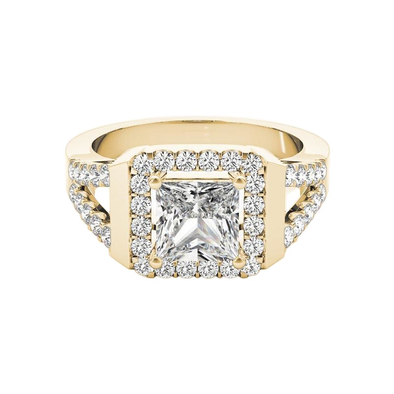 GIA 1.20ct Princess Square Cushion Halo Cathedral 18K Yellow Gold Diamond Ring