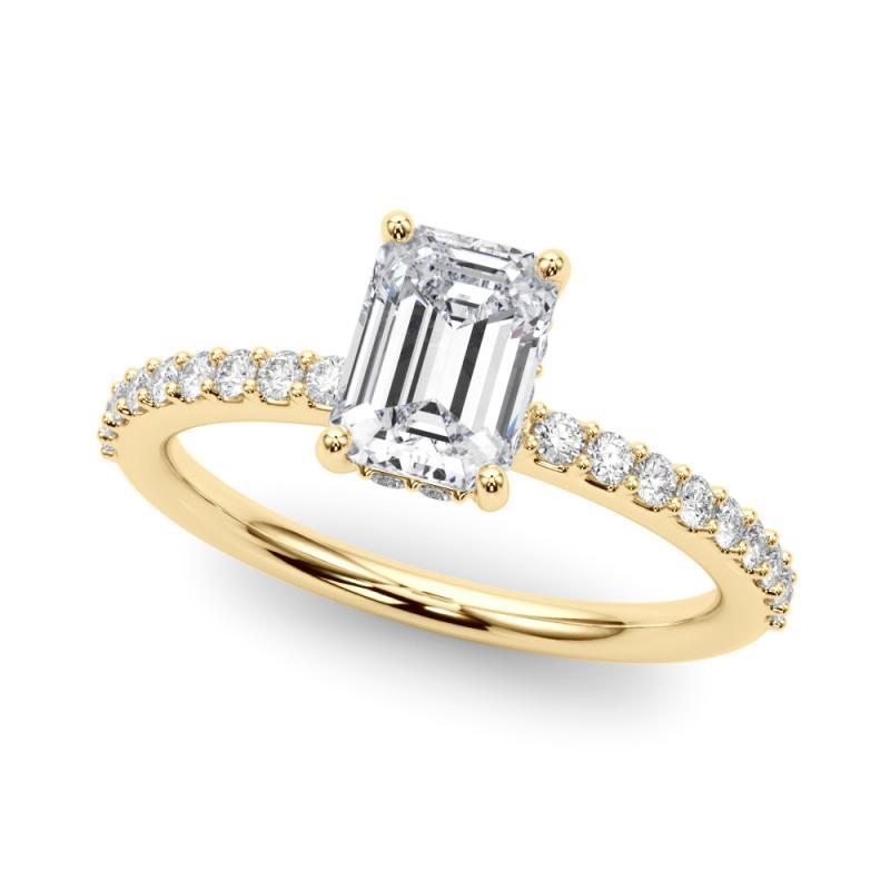 Taille émeraude GIA 1.21 Carat Emerald Halo Shared Prong Eternity 18K Yellow Gold Diamond Ring en vente