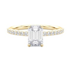GIA 1.21 Carat Emerald Halo Shared Prong Eternity 18K Yellow Gold Diamond Ring