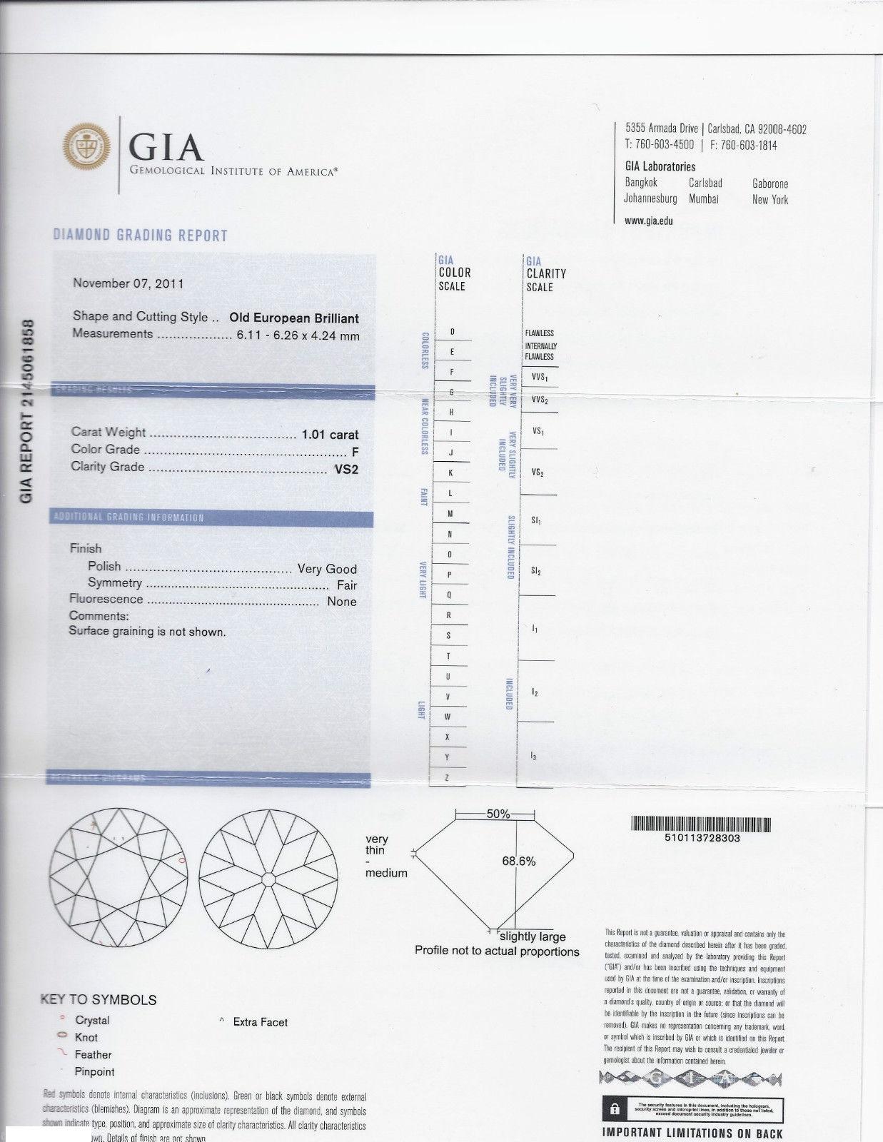 GIA 1.21 Carat European Cut Diamond Ring F/VS2 Platinum For Sale 2