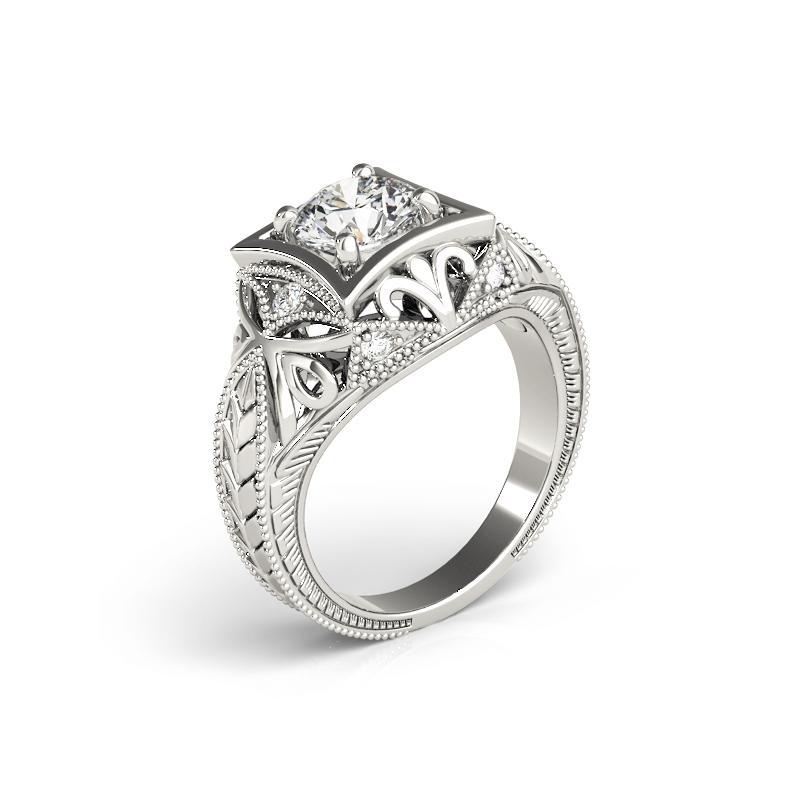 Donna GIA Anello con diamante rotondo da 1,21 carati con incisione Tropicale in oro bianco 18 carati in vendita