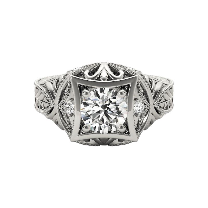 GIA 1.21 Carat Round Diamond Engraved Tropical 18K White Gold Diamond Ring