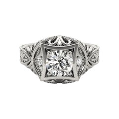 GIA 1.21 Carat Round Diamond Engraved Tropical 18K White Gold Diamond Ring