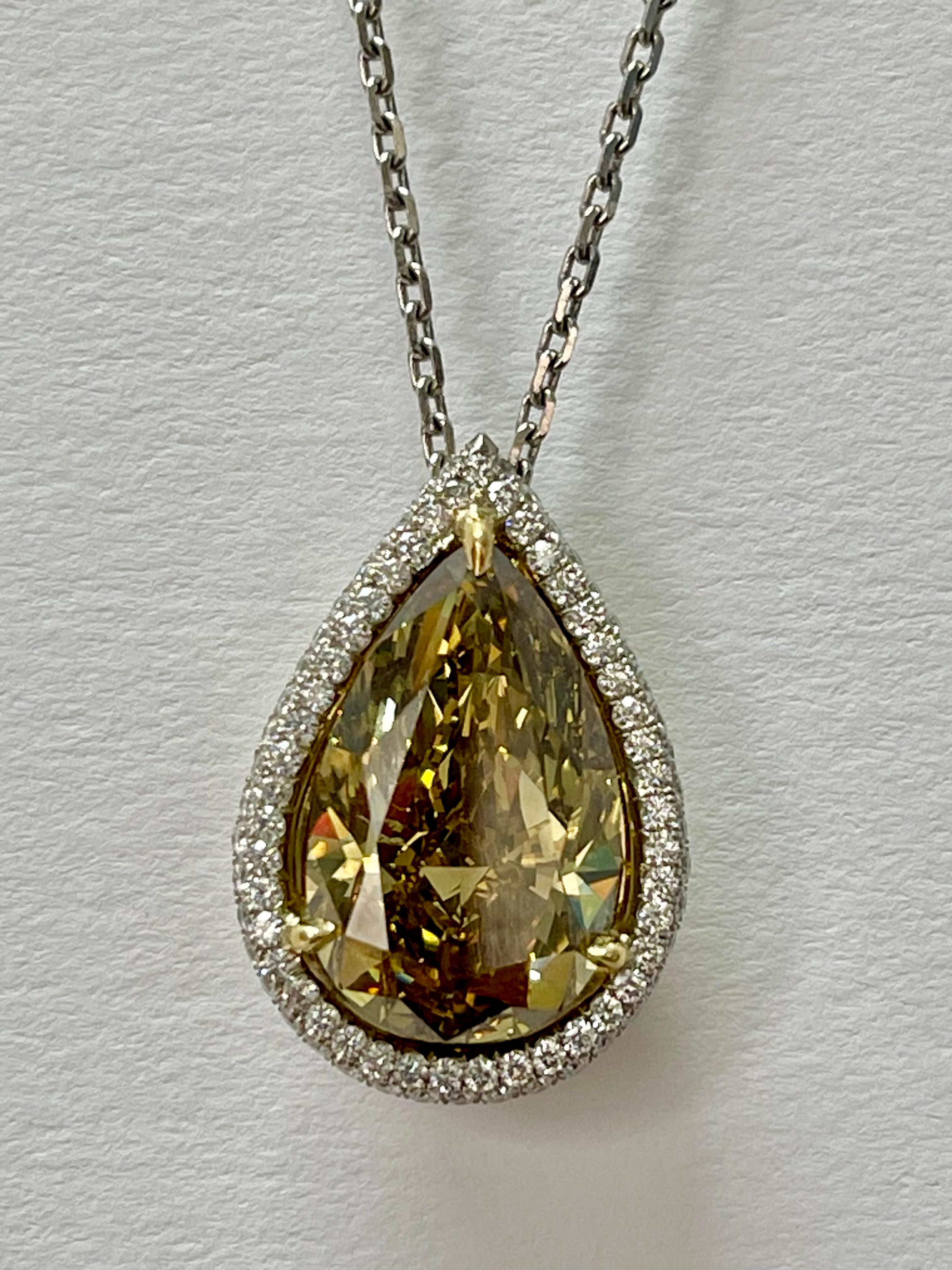 GIA 12.11 Carat Fancy Deep Brownish Greenish Yellow Pear Shape Diamond Necklace. For Sale 5