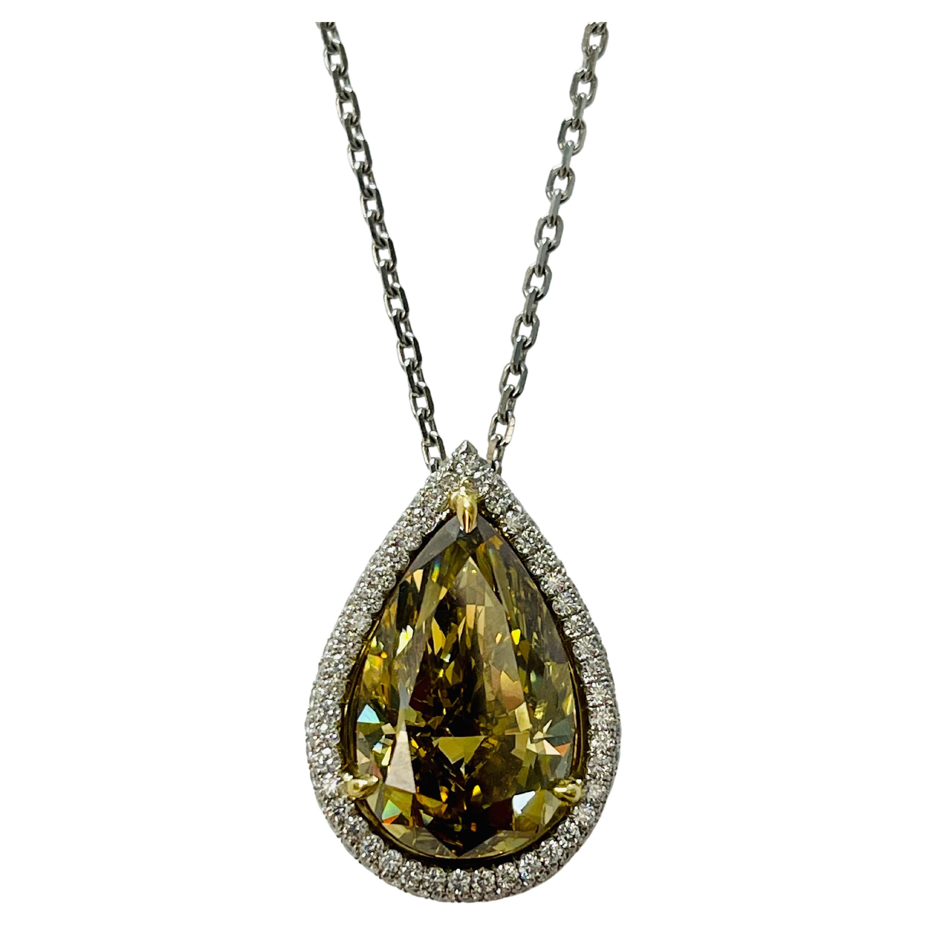 Pear Cut GIA 12.11 Carat Fancy Deep Brownish Greenish Yellow Pear Shape Diamond Necklace. For Sale