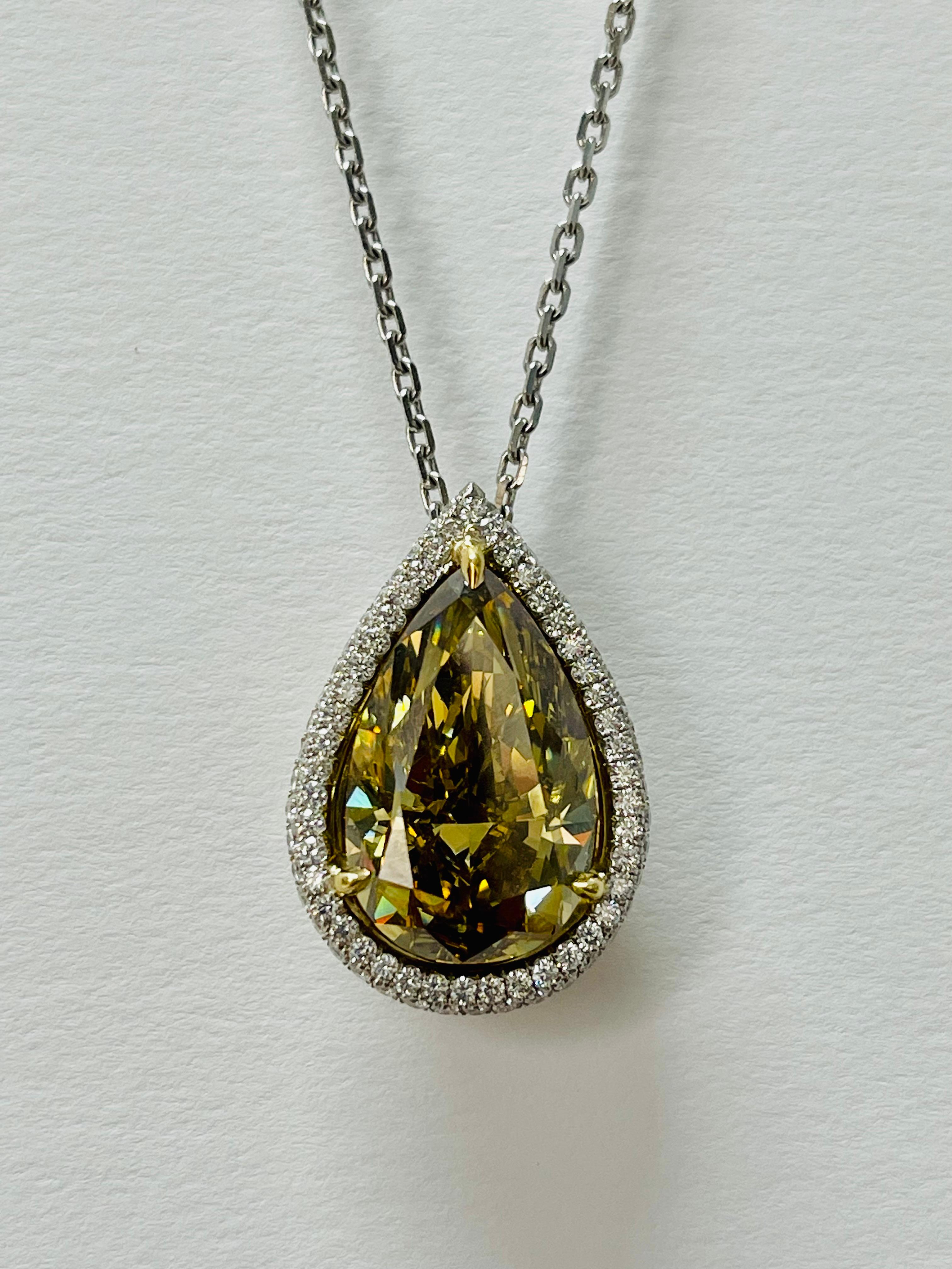 GIA 12.11 Carat Fancy Deep Brownish Greenish Yellow Pear Shape Diamond Necklace. In New Condition For Sale In New York, NY