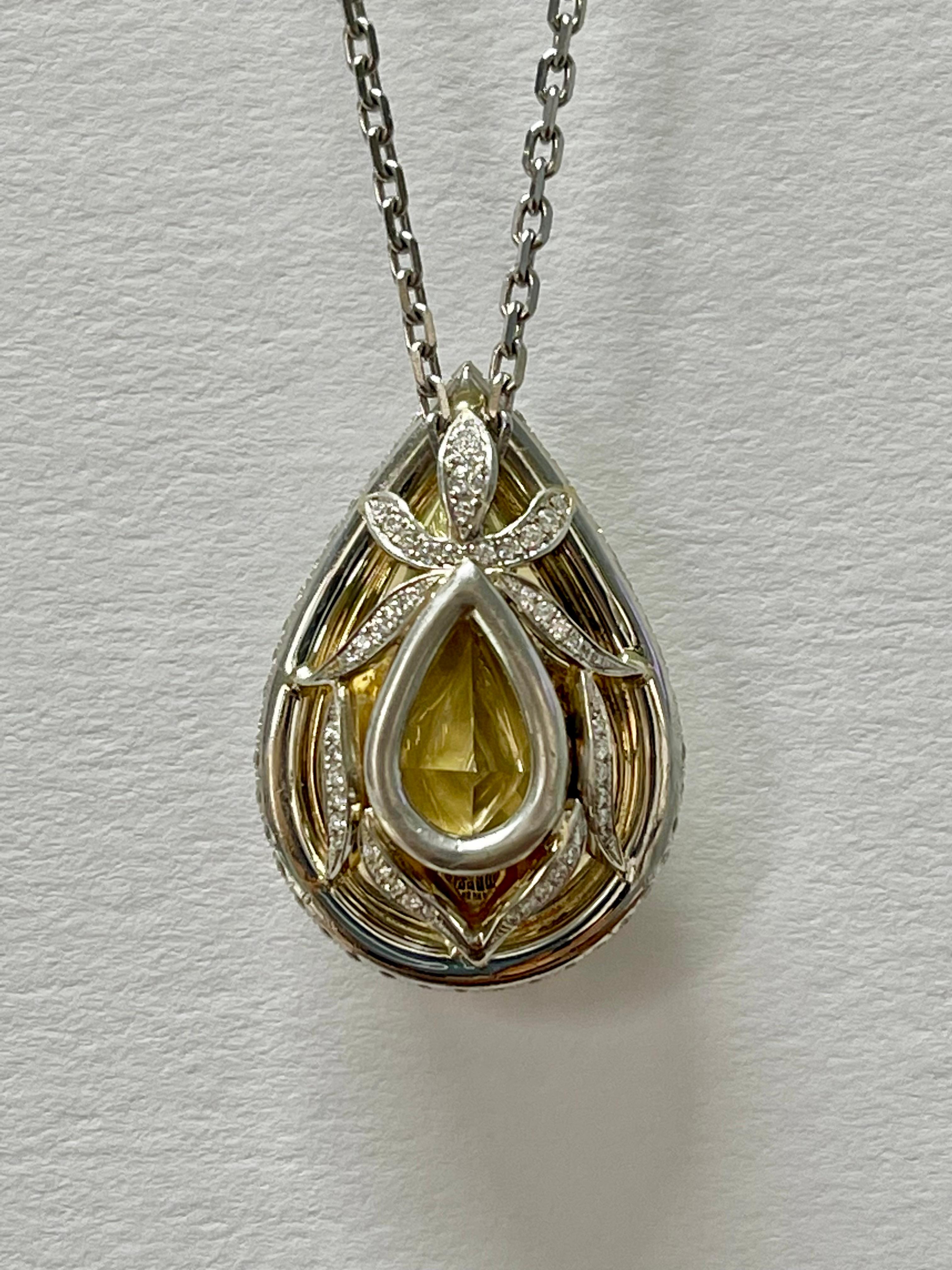 GIA 12.11 Carat Fancy Deep Brownish Greenish Yellow Pear Shape Diamond Necklace. For Sale 1