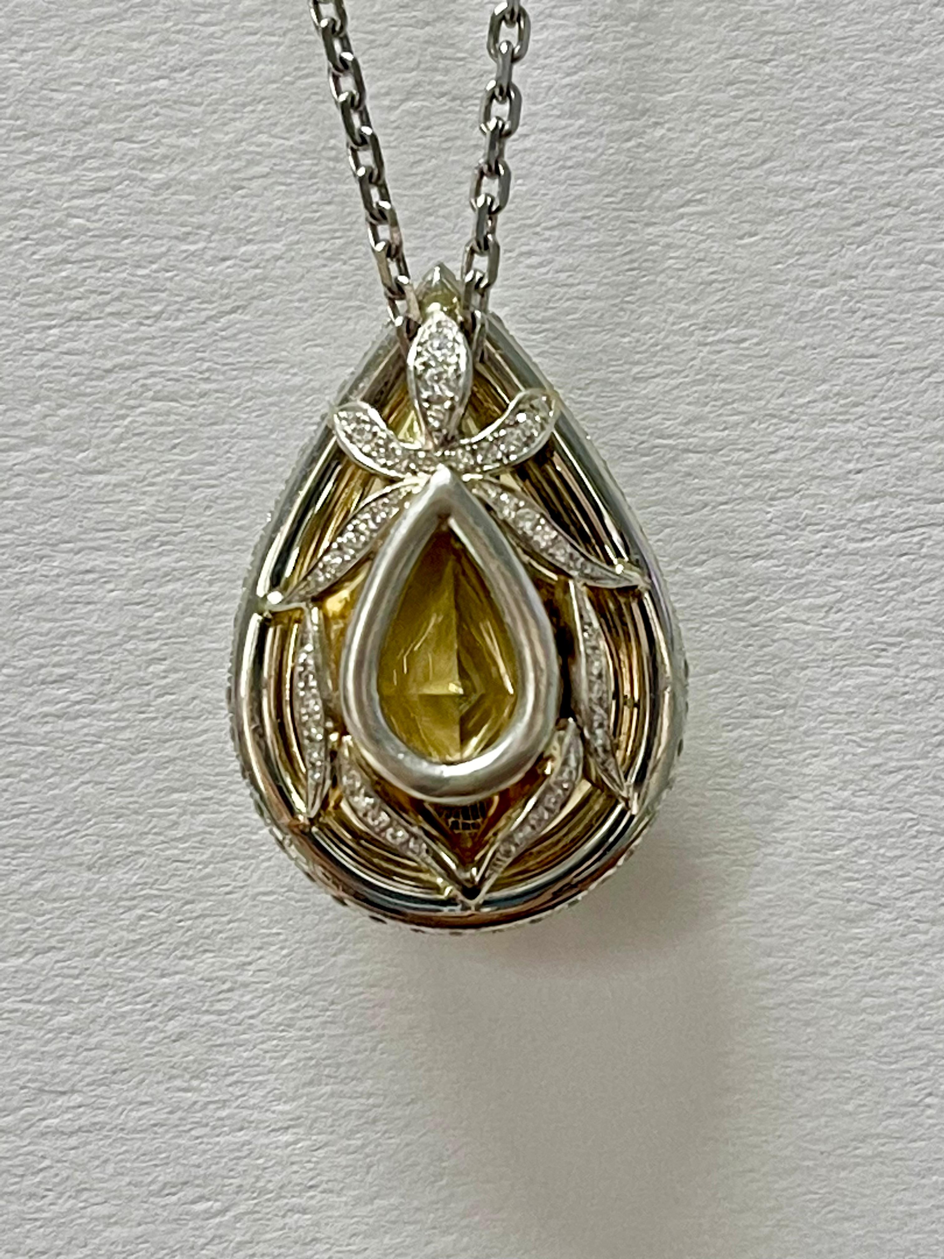 GIA 12.11 Carat Fancy Deep Brownish Greenish Yellow Pear Shape Diamond Necklace. For Sale 2