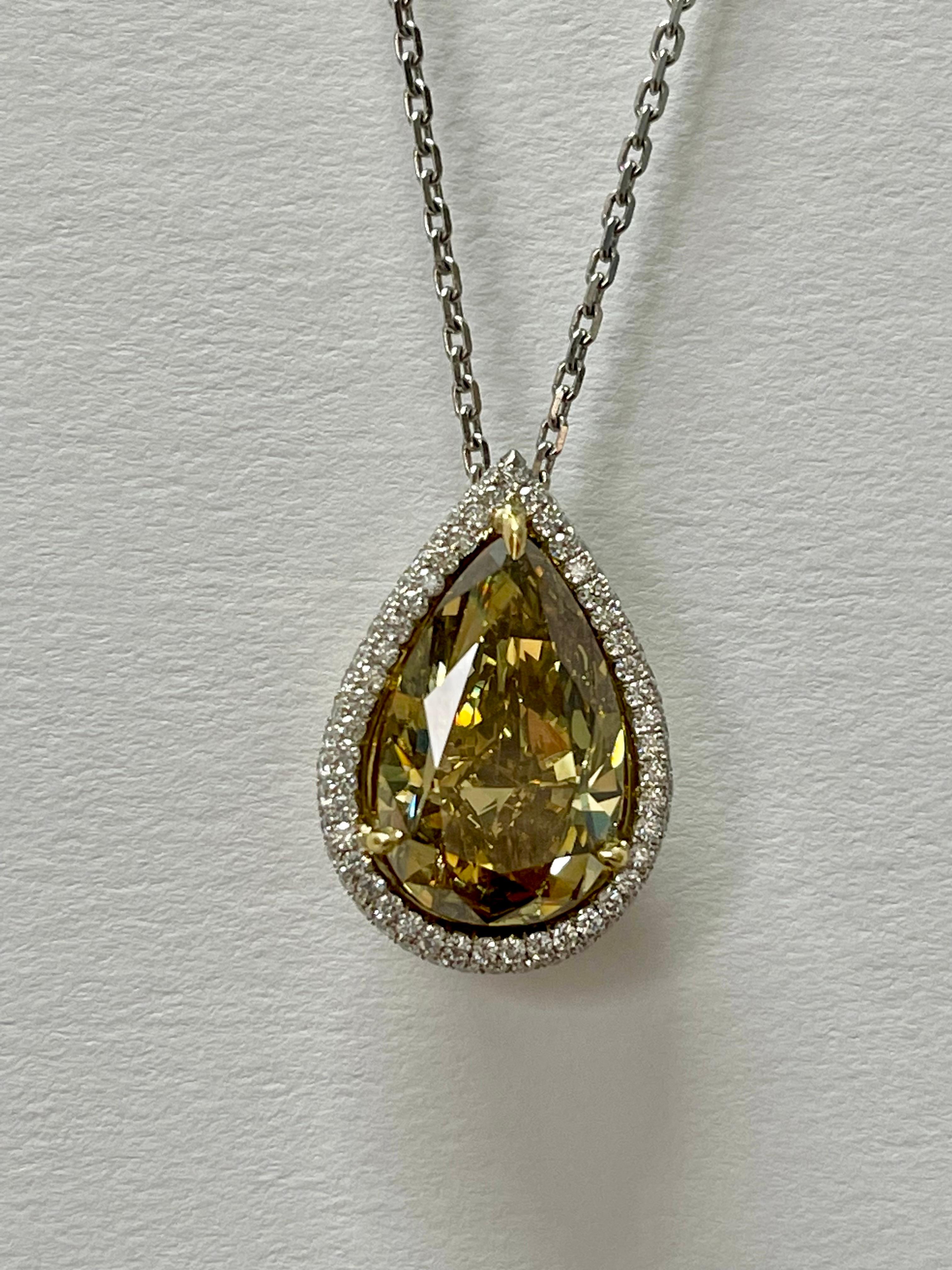 GIA 12.11 Carat Fancy Deep Brownish Greenish Yellow Pear Shape Diamond Necklace. For Sale 3