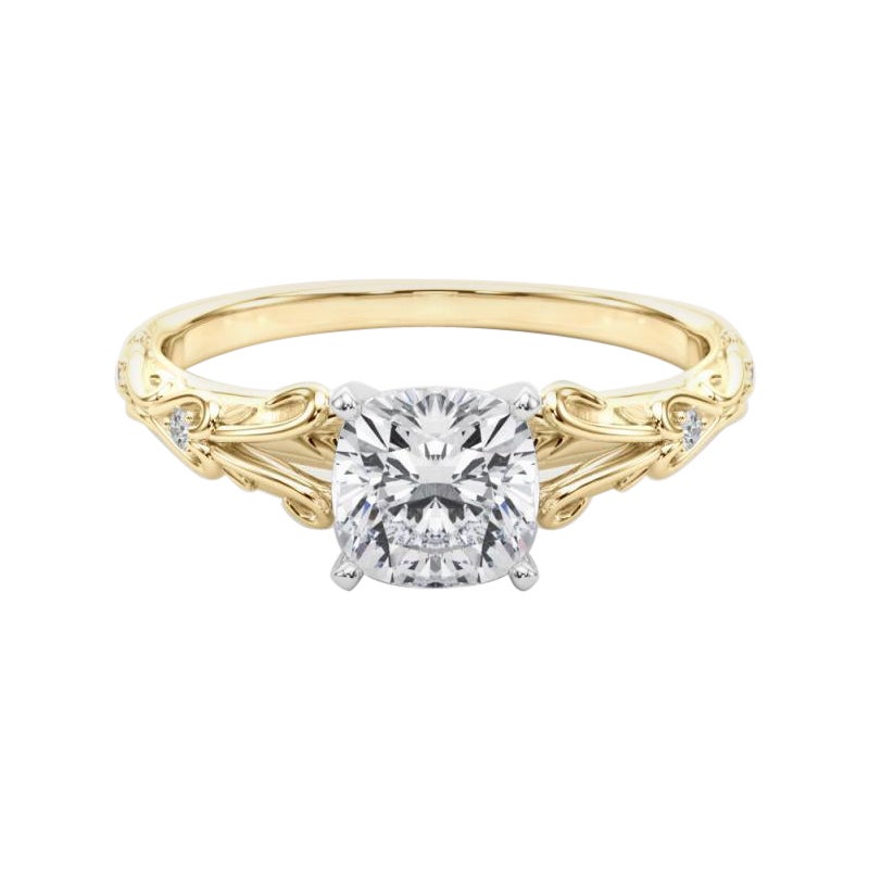 GIA 1,21ct Cushion Vintage 3-Stone Heart & Vine Anello con diamanti in oro giallo 18K