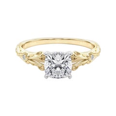 GIA 1,21ct Cushion Vintage 3-Stone Heart & Vine Anello con diamanti in oro giallo 18K