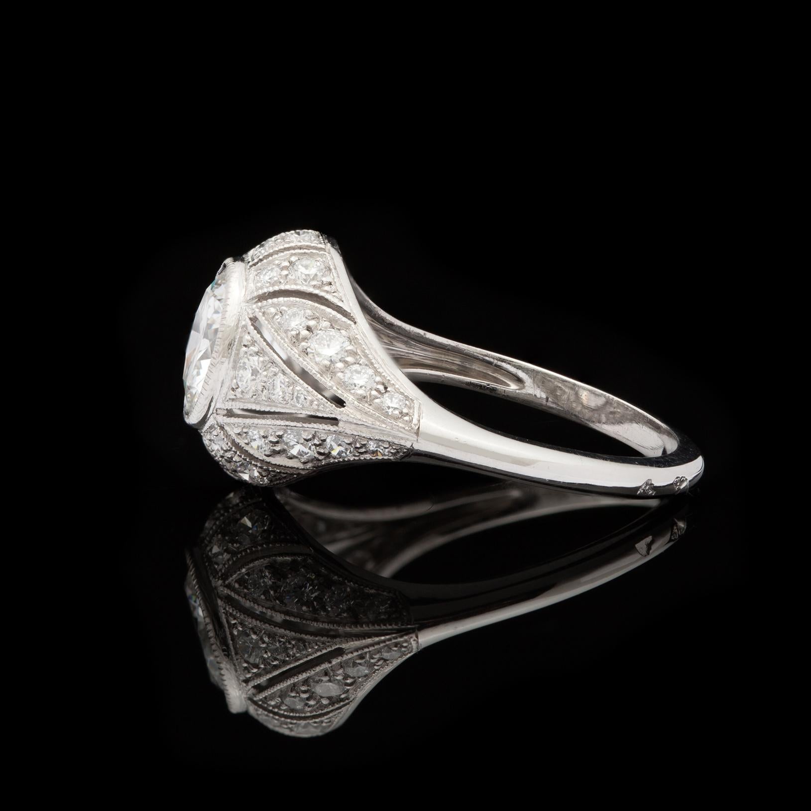 Art Deco GIA 1.21 Carat F/VS2 Round Brilliant Diamond French Platinum Ring For Sale