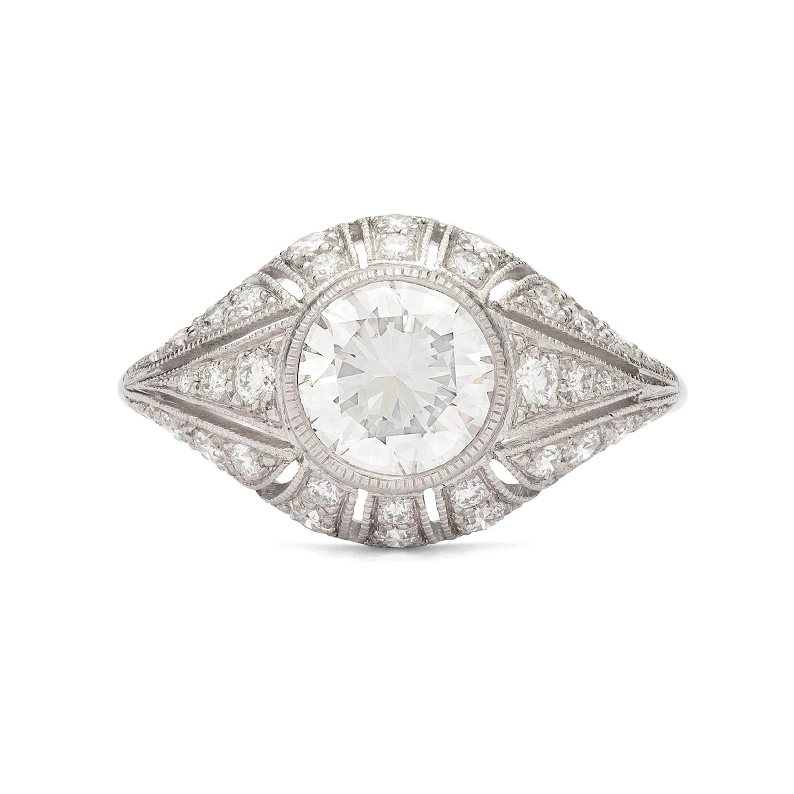 GIA 1.21 Carat F/VS2 Round Brilliant Diamond French Platinum Ring In Excellent Condition For Sale In San Francisco, CA