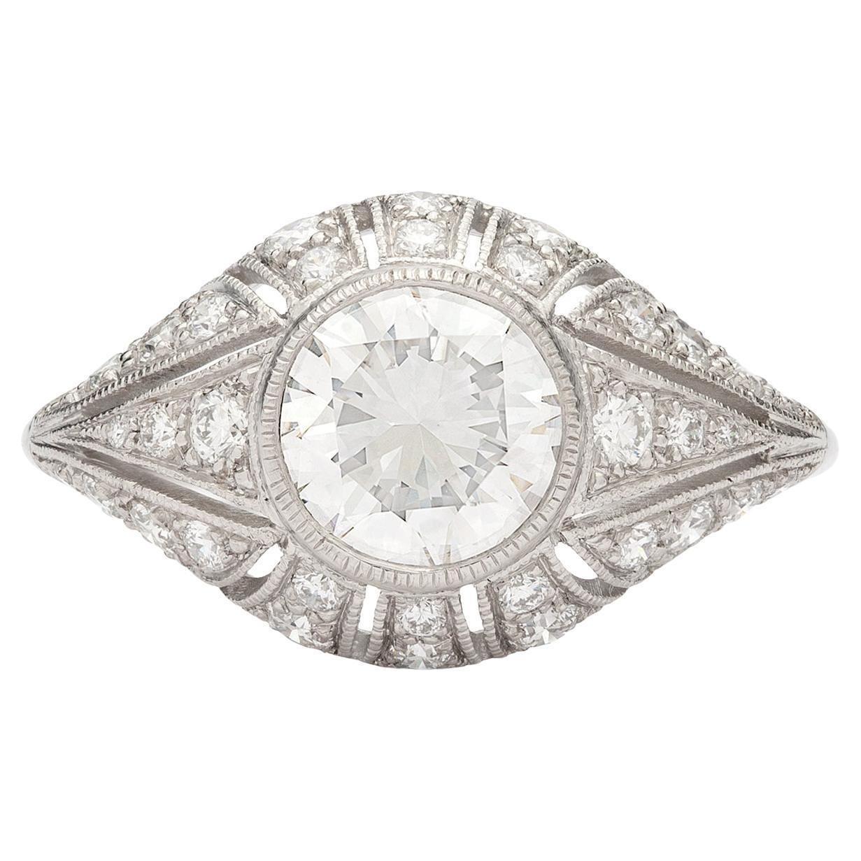 GIA 1.21 Carat F/VS2 Round Brilliant Diamond French Platinum Ring For Sale