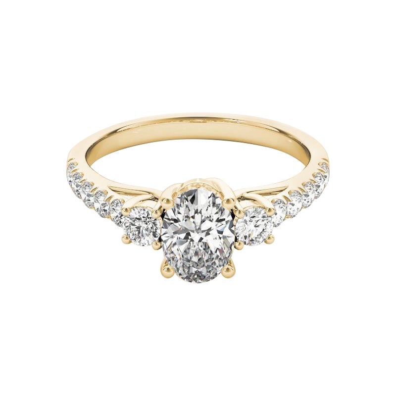 GIA 1.21ct Oval Three-Stone Trellis Prong Pave 18K Yellow Gold Diamond Ring (bague à diamants en or jaune 18K)