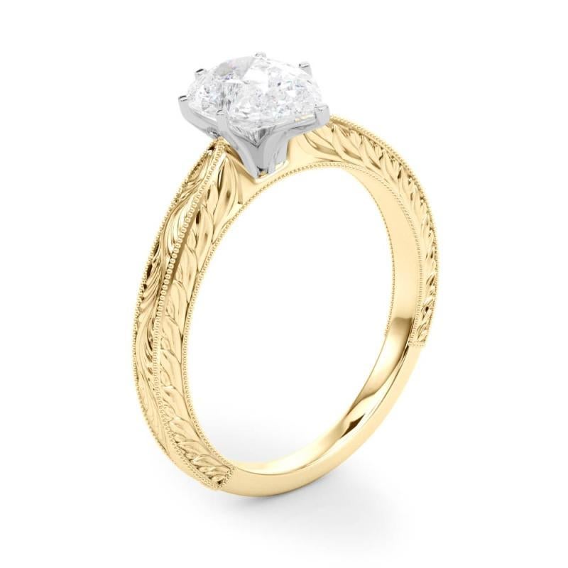 GIA 1.21ct Pear Classic Solitaire Antique Engraved Yellow Gold Diamond Ring For Sale 1