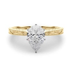 GIA 1.21ct Pear Classic Solitaire Antique Gravé Bague diamant en or jaune