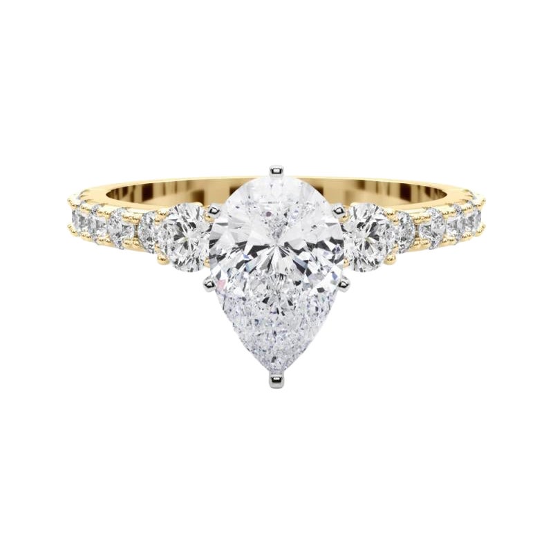 GIA 1,21ct Pear Three-Stone con gambo di diamante Anello di diamanti in oro giallo 18K