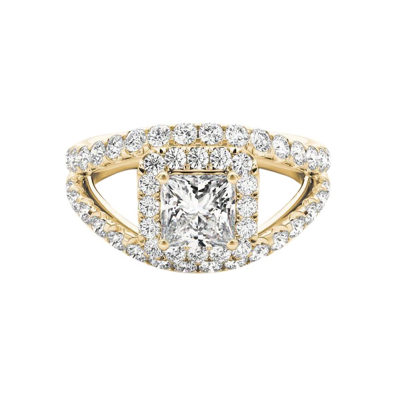 GIA 1.21ct Princess Halo Split Shank Double Band 18K Yellow Gold Diamond Ring